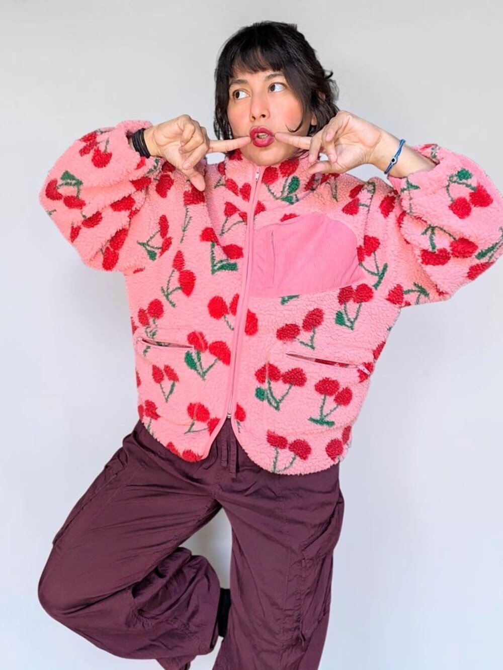Fairy coquette kidcore pink cherries fleece corduroy mix oversized jacket W's S